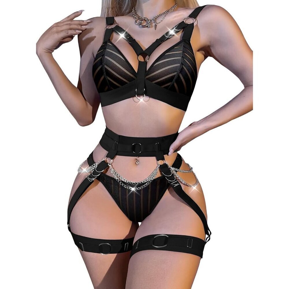 Women's Striped Black Sexy Chain Strappy Garter Belt Lingerie Set Rave Outfits